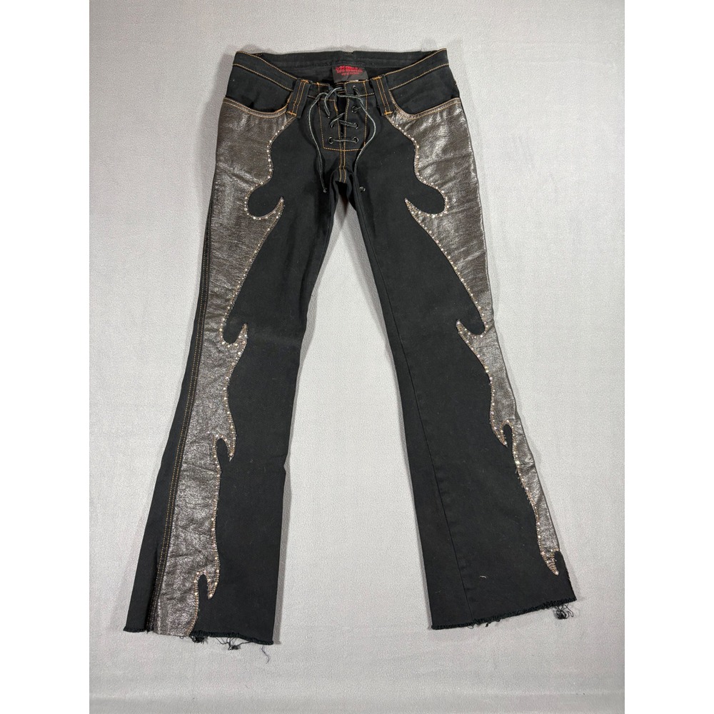 Serious Clothing Flare Jeans Womens XS Black Silver Flame Lace Up Rare Y2K